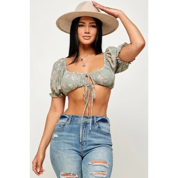 Sage Floral Cropped Off/On The Shoulder Tie Front Short Sleeve Top Casual - Picture 6 of 7